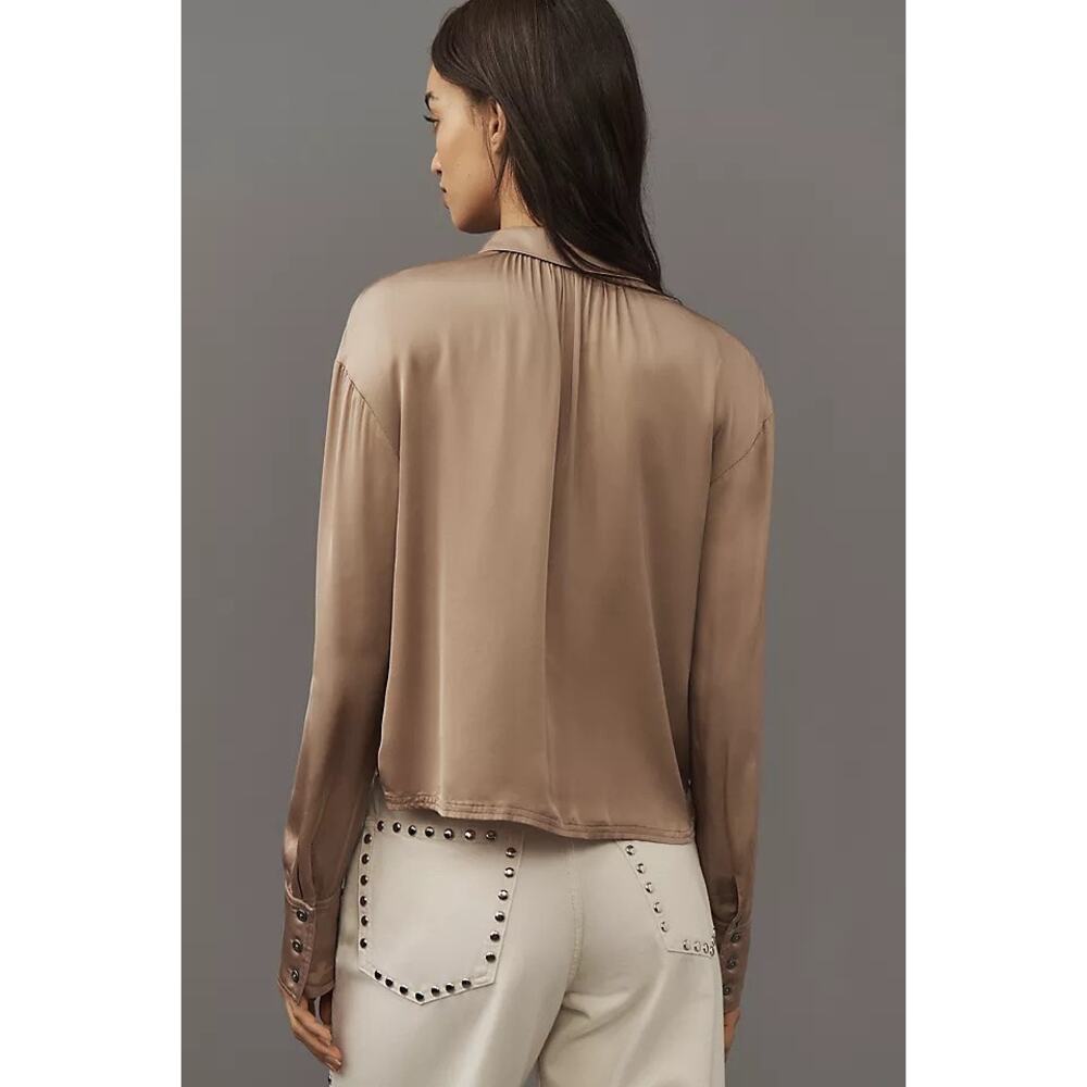 Pilcro Tan Camel Satin Button Up Blouse Top Career Wear Business Casual Size S - Picture 3 of 9